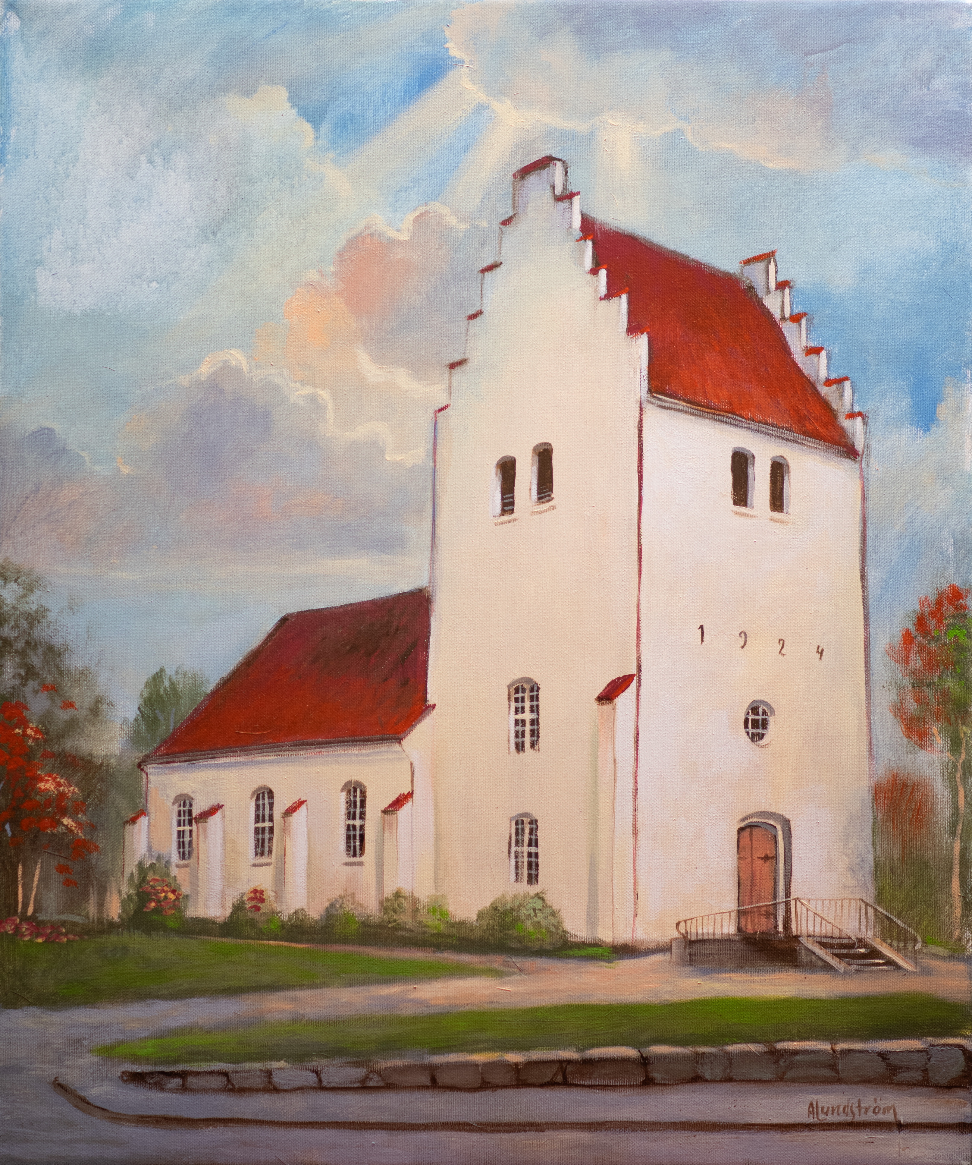 En akrylmålning av en vit kyrka.
