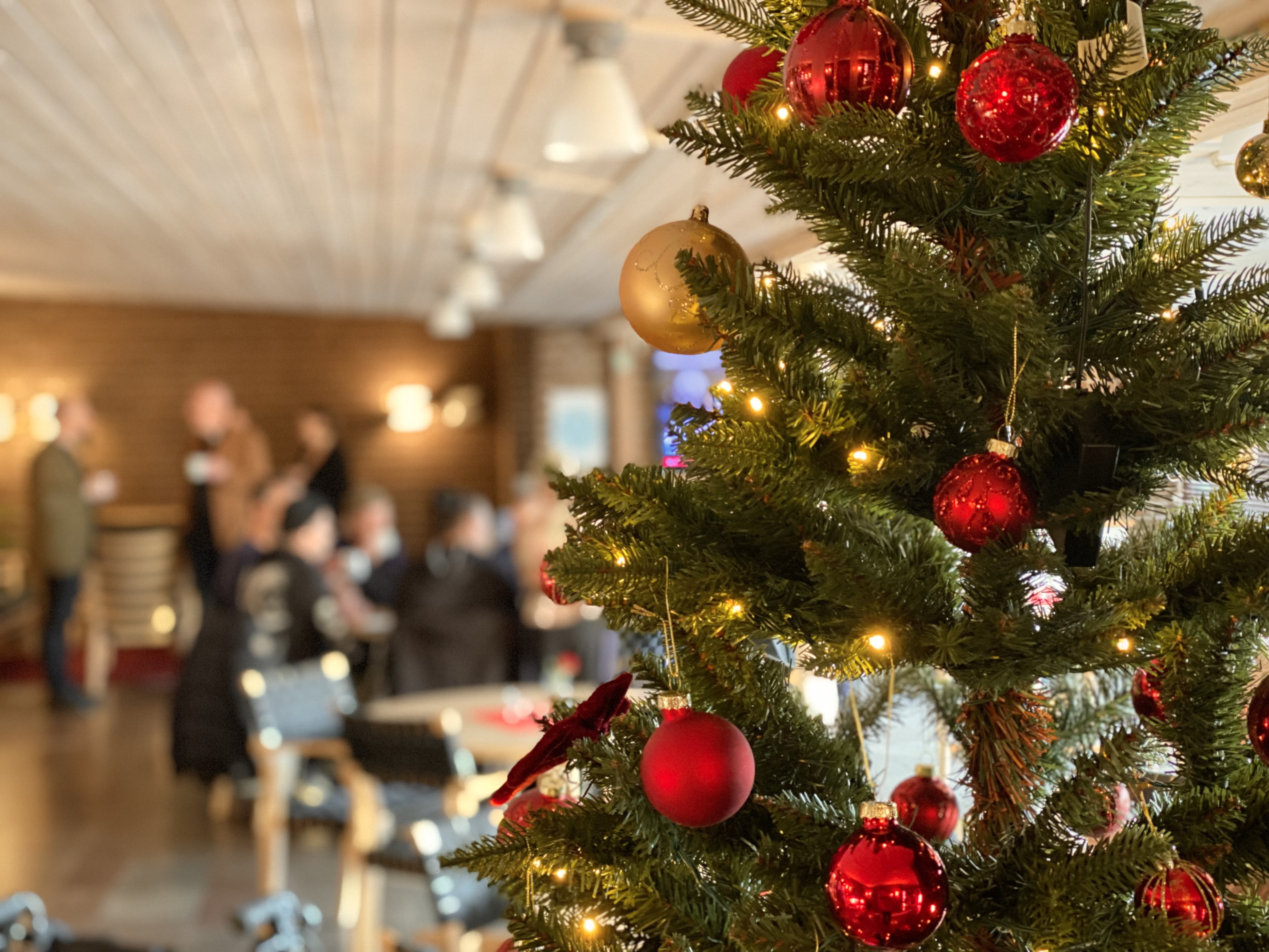 Julgran, oskarpt i bakgrunden anas människor.