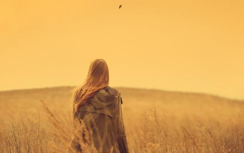 En kvinna står vänd bort från kameran och ser ut över ett sädesfält, allt i gula toner.