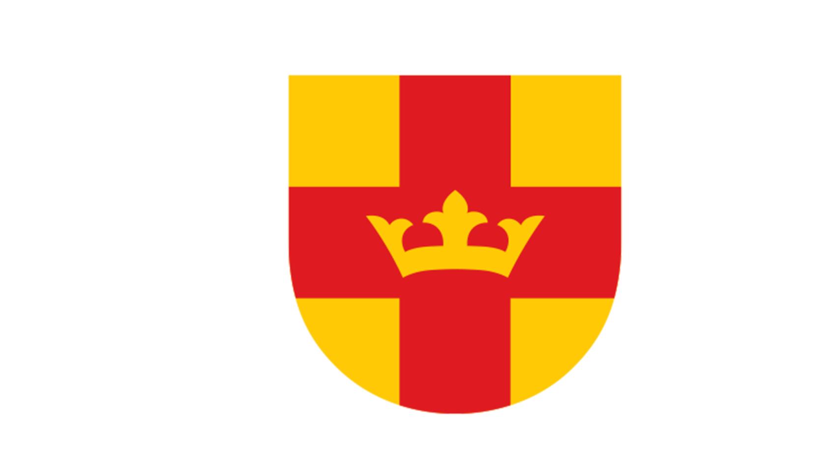 Svenska kyrkans vapensköld i rött och gult med en krona.