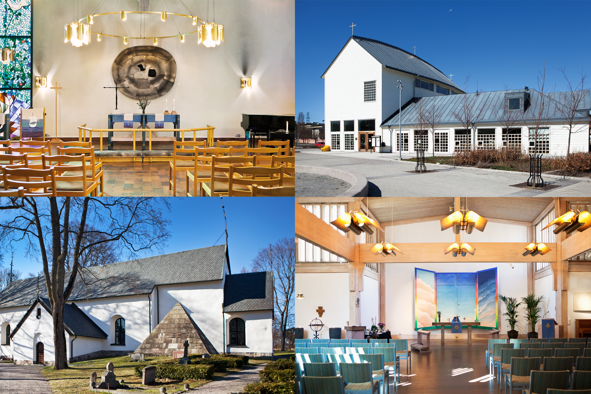 Collage av fyra bilder på Järfälla kyrka, S:t Lukas kyrka, Viksjö kyrka och Maria kyrka