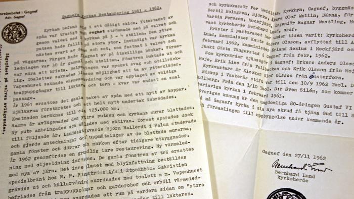 Ett brev från 1962 har hittats ovanpå predikstolen i Gagnefs kyrka.