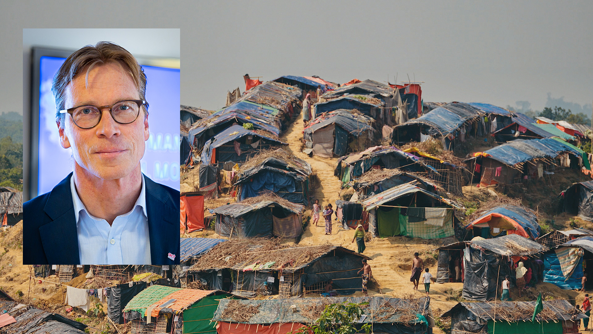 Montage med Erik lysén och flyktingläger i Bangladesh. 