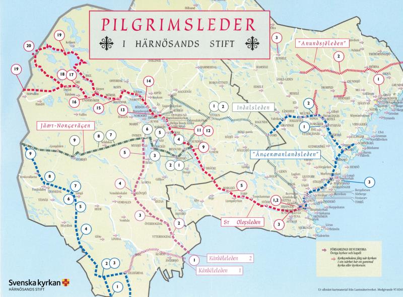 Karta över pilgrimsleder i Härnösands stift