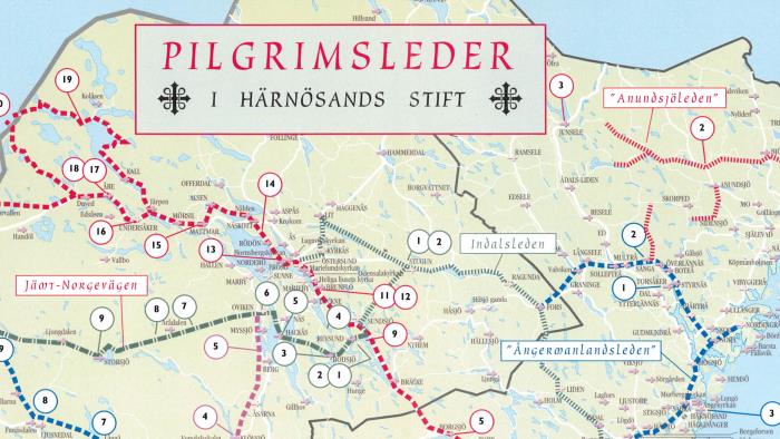 Karta över pilgrimsleder i Härnösands stift