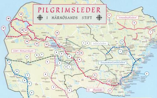 Karta över pilgrimsleder i Härnösands stift