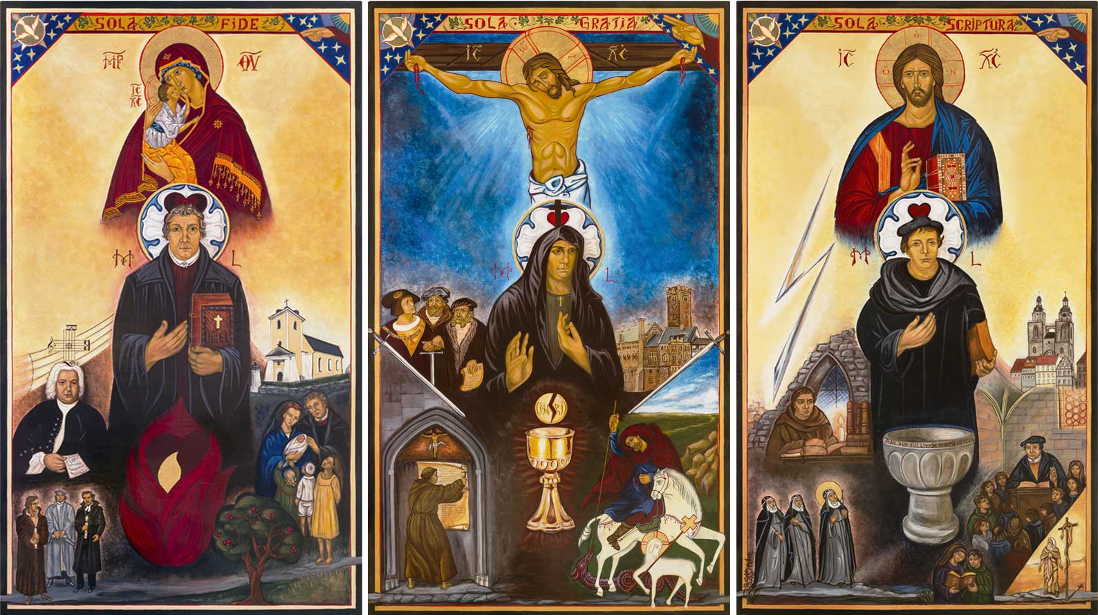 Triptyk målad av Christina Lindström föreställande Martin Luther