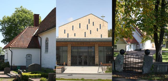 De tre kyrkorna. Fr.v. Björlanda, Amhult, Torslanda