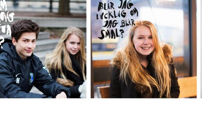 Bilder på ungdomar med blicken riktad mot betraktaren. Frågor är textade på bilderna: Vem kan jag lita på? Blir jag lycklig om jag blir smal? Kommer kriget till Sverige?