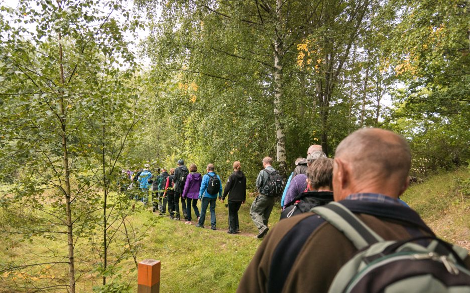 Ett led människor går på en stig bland lövträd.