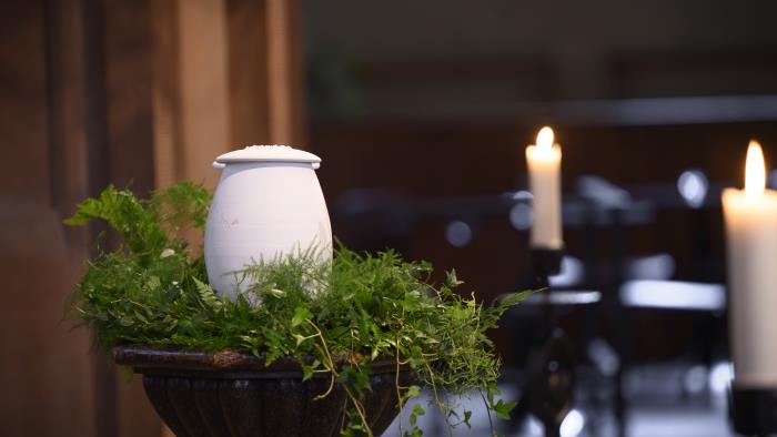 En urna står uppställd bland ormbunksblad i kyrkan.